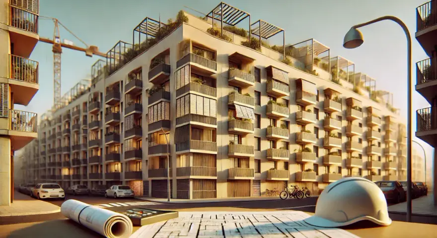 Planos de nuevos edificios en Catalunya, con grúa de construcción al fondo y casco de obra en primer plano.