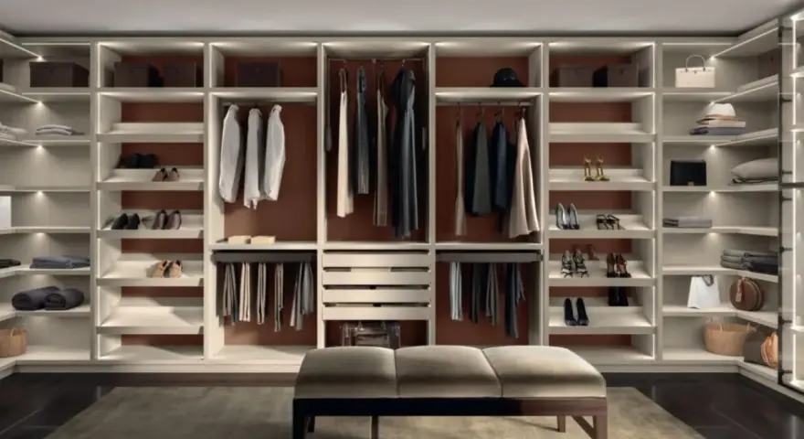 Una cabina armadio fai da te ben organizzata con abiti, scarpe e accessori ordinati su scaffali illuminati.