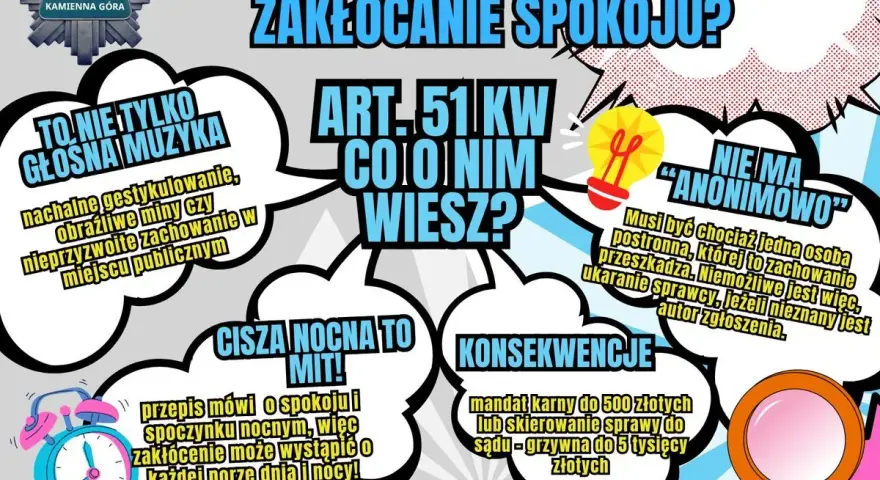 Plakat informuje, że zakłócanie spokoju to nie tylko głośna muzyka. Podkreśla, że cisza nocna to mit, a zakłócanie może wystąpić o każdej porze.