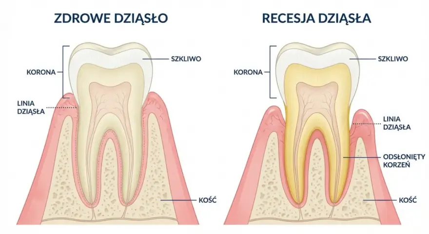 Zdrowe dziąsło vs recesja dziąsła. Pokazano odsłonięty korzeń zęba, co jest oznaką problemu, a nie dziura w zębie przy dziąśle.