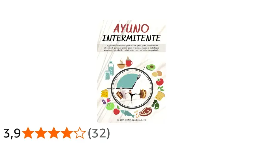 Guía visual sobre como hacer ayuno intermitente, con alimentos saludables y un reloj que marca el tiempo.