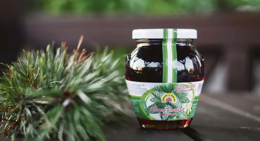 Słoik syropu z sosny, obok gałązka iglaków. Na etykiecie widnieje napis "Pine-Cone Elixir", sugerujący naturalne pochodzenie i potencjalne zastosowanie.