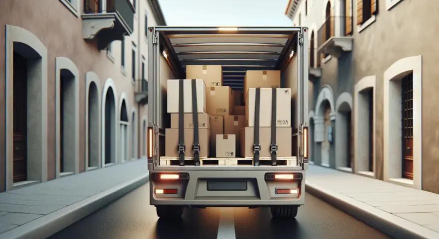 Un furgone carico di scatoloni, pronto per la consegna, percorre una strada di ciottoli. Un'immagine che evoca il trasporto e la logistica, in linea con l'art. 164 CDS.