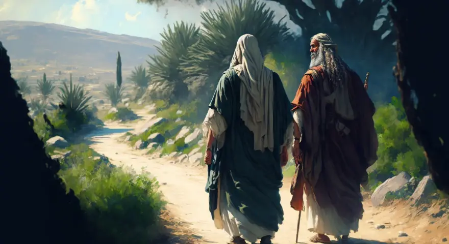 Zwei Männer, die an die Auferstehung Christi denken, wandern auf einem staubigen Weg durch eine sonnige Landschaft.