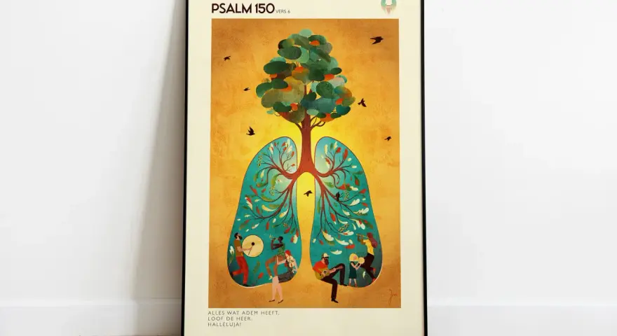 Illustration inspiriert von Psalm 150: Ein Baum wächst aus Lungen, umgeben von Vögeln und Menschen, die Musik machen.