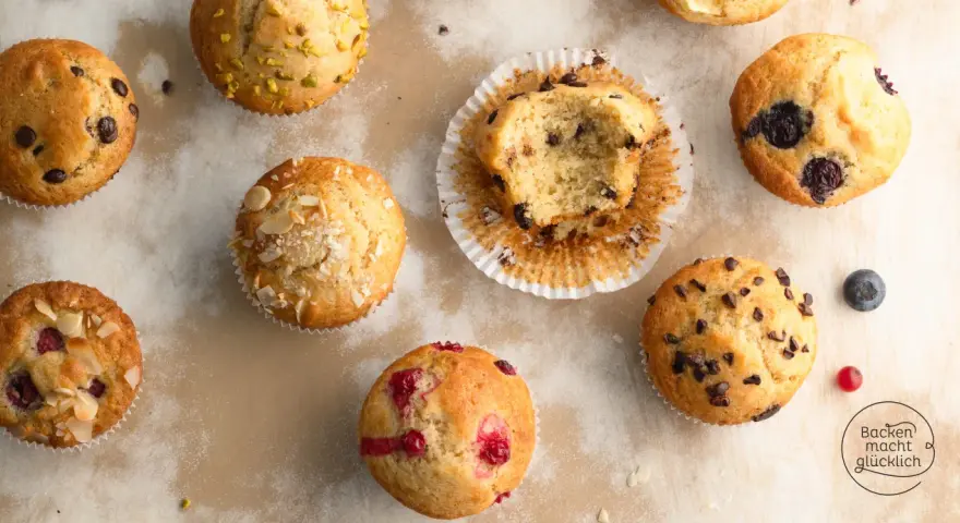 Verschiedene Muffins, perfekt für die Backzeit: Schoko, Blaubeer, Himbeer und Mandel. Ein Genuss für jeden Gaumen!