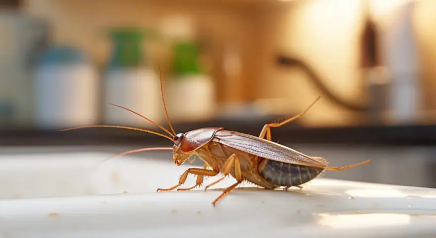 Una cucaracha en una superficie blanca, quizás huyendo del amoniaco.