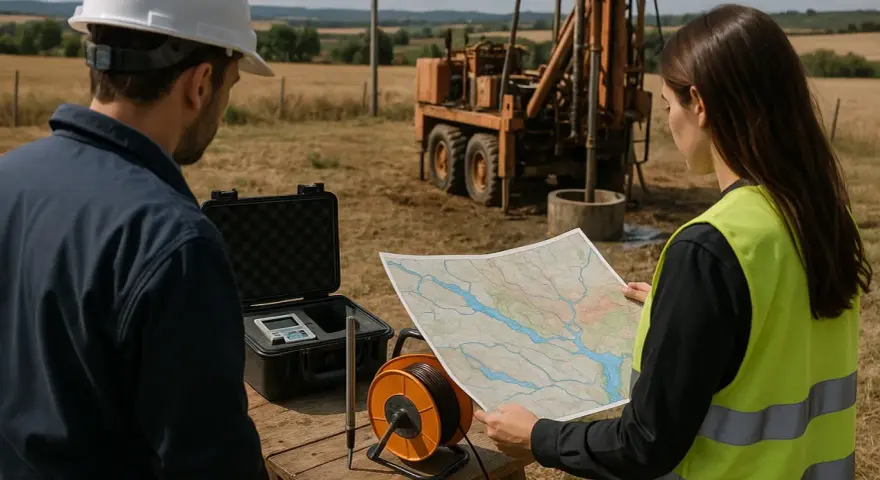 Ingenieros revisan mapa y equipo para saber como legalizar un pozo ya hecho. En el fondo, una máquina perforadora.