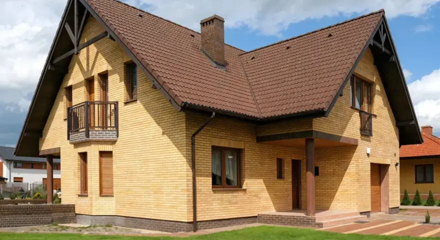 Nowy dom z żółtej cegły, z brązowym dachem i kominem. Widoczny cokół, balkon i wejście zadaszone.