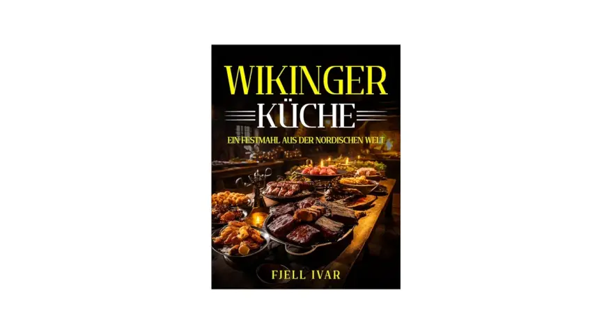 Ein Festmahl wie die Wikinger: deftige Braten, Beilagen und Kerzenlicht auf einem Holztisch.