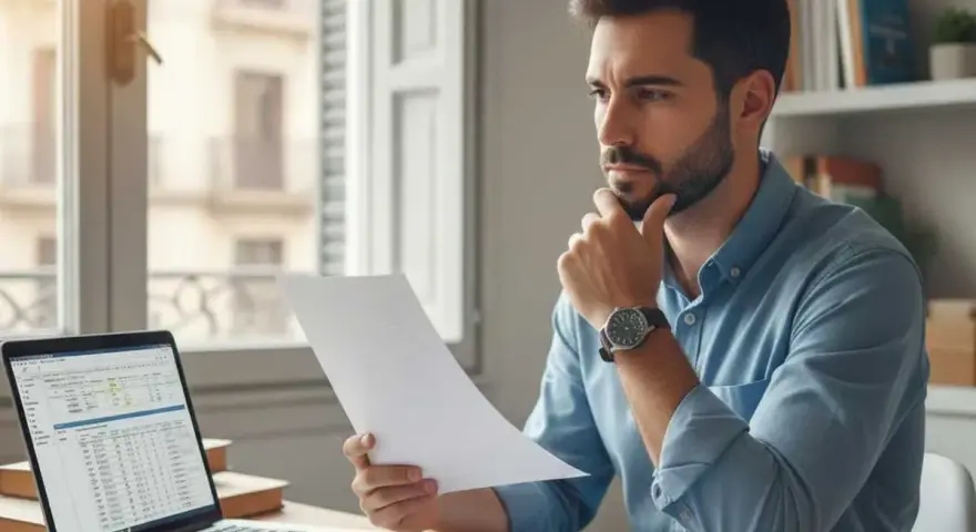 Hombre revisa documentos, consultando su portátil con datos financieros. Podría estar verificando su vat number españa para trámites.