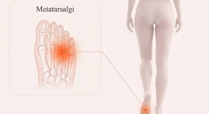 Illustration av en fot med markerad smärta i framfoten, som visar metatarsalgi. En figur visar smärtan i foten.