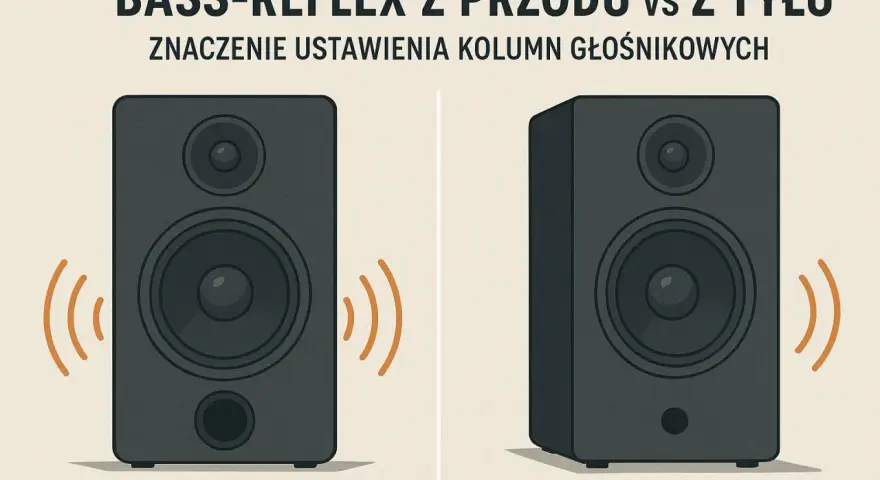 Dwa głośniki: jeden z bass-reflex z przodu, drugi z tyłu. Ilustracja pokazuje znaczenie ustawienia kolumn głośnikowych.