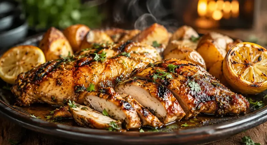 Délicieux poulet en sauce, grillé et tranché, servi avec des pommes de terre rôties et des quartiers de citron. Une recette parfaite pour un repas savoureux.