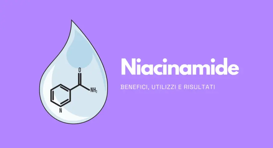 Goccia con formula chimica di niacinamide, ingrediente chiave per combattere l'acne. Benefici, utilizzi e risultati.