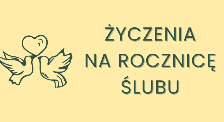 Dwa gołąbki z sercem nad głową symbolizują miłość. Napis "Życzenia na rocznicę ślubu" zaprasza do świętowania.