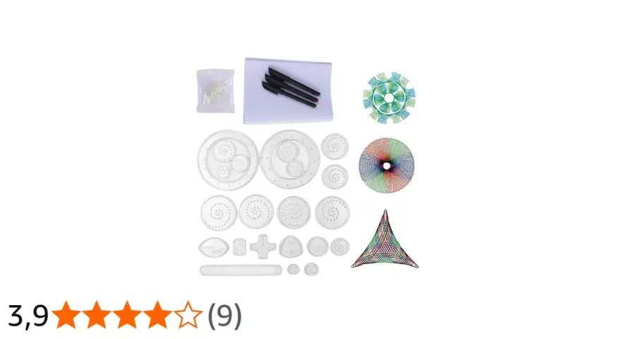 Kit para crear arte espiral, ideal para tutoriales de dibujo. Incluye plantillas, bolígrafos y papel.