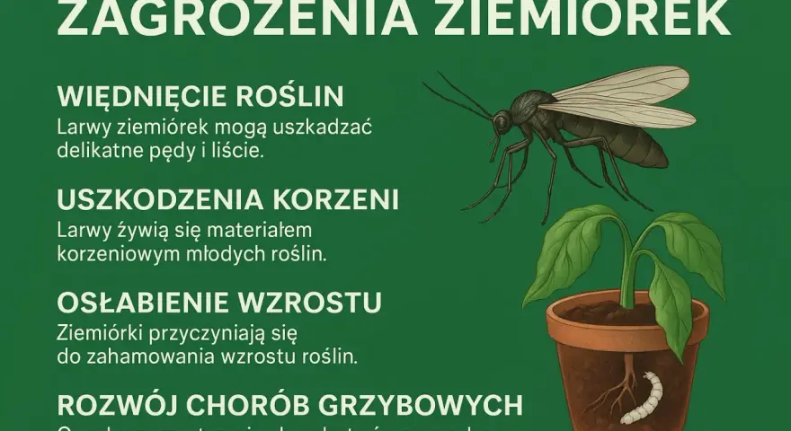 Ziemiórki, małe muszki w kwiatach, niszczą rośliny, uszkadzając korzenie i pędy, hamując wzrost i rozprzestrzeniając choroby grzybowe.