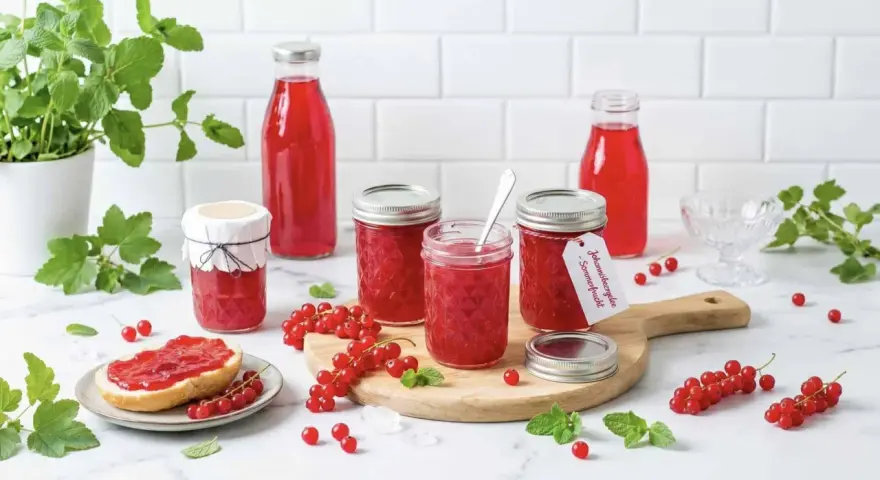 Selbstgemachtes Johannisbeergelee, zubereitet im Thermomix, strahlt in Gläsern. Frische Beeren und Minze zieren die Szene.