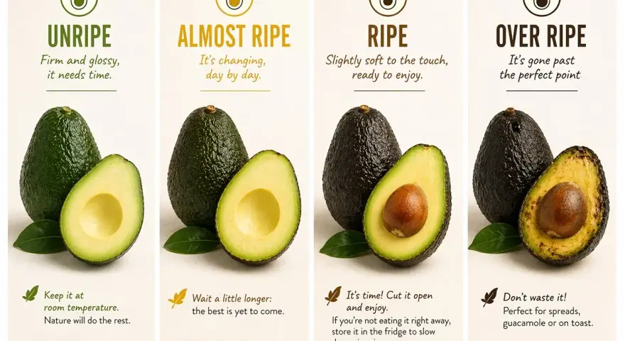 Avocados in verschiedenen Reifestadien: Unreif, fast reif, reif und überreif. So lässt man Avocados reifen.
