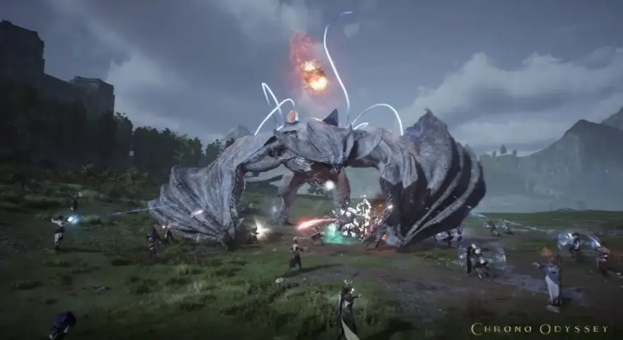 Un colosal dragón de piedra ataca en Chrono Odyssey. Guerreros luchan contra la bestia en un campo abierto, rodeados de magia y explosiones.