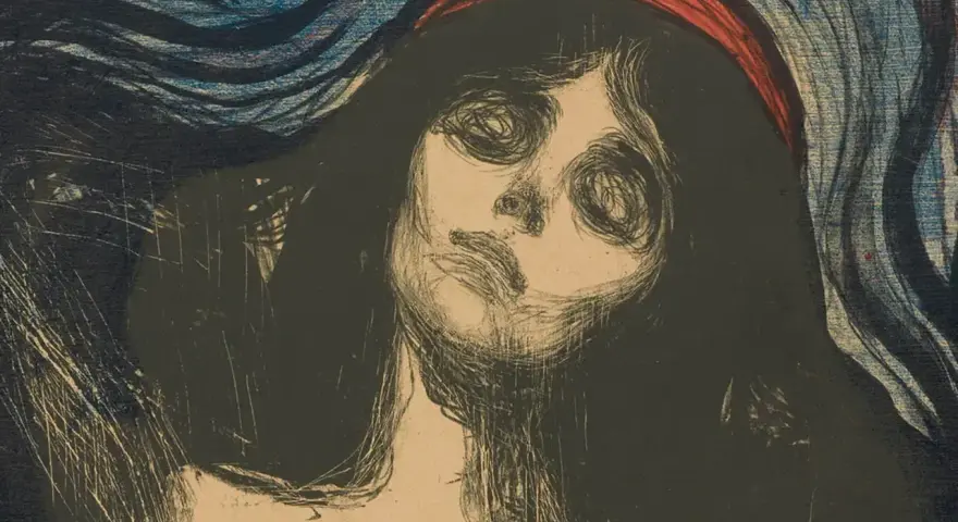 Intensywny portret kobiety z krwistoczerwonym nakryciem głowy, przypominający "Madonnę" Edvarda Muncha.
