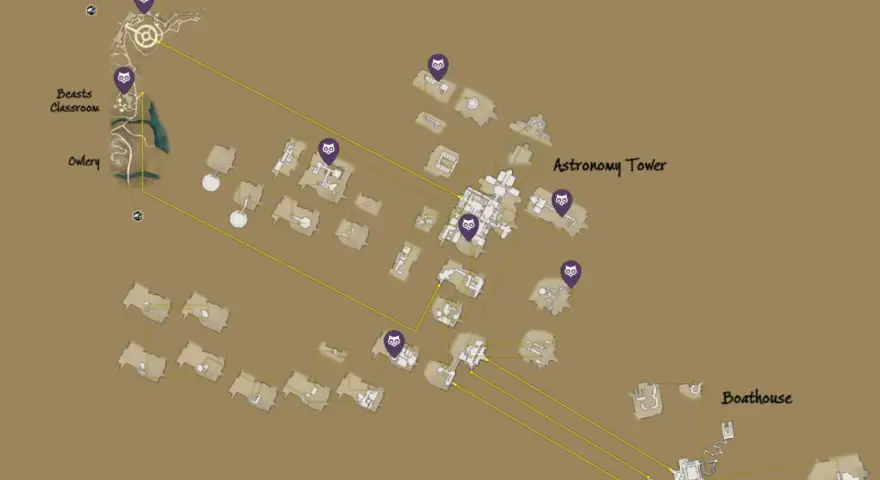 Mapa de Hogwarts con puntos morados indicando dónde devolver las lunas de Demiguise a Gladwin Moon.