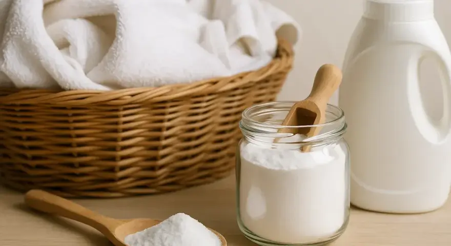 Cesta con ropa blanca, un frasco de bicarbonato y un bote de detergente. ¡Cuidado! el bicarbonato estropea la ropa de color.