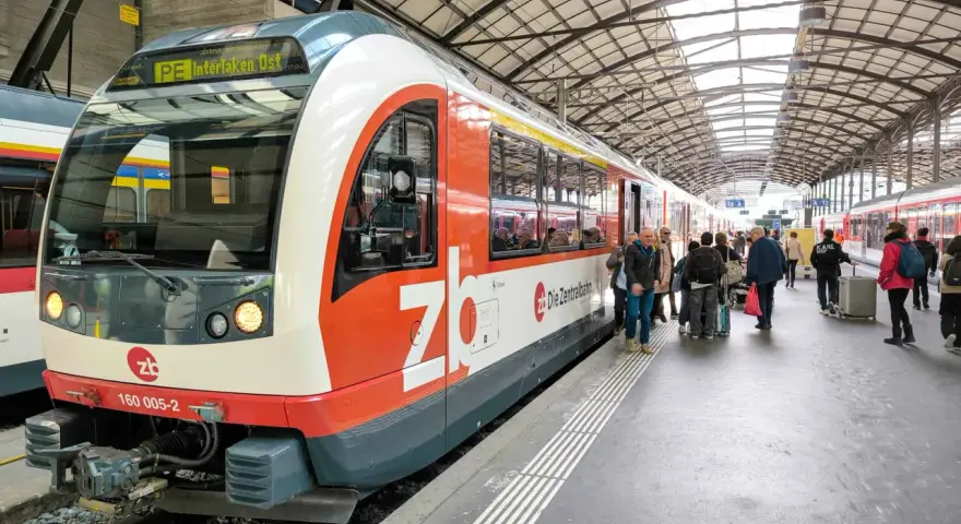 A train labeled "PE Interlaken, Ost" waits at the station, ready for its journey on the Lucerne to Interlaken Golden Pass line. Passengers gather on the platform.