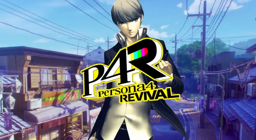 El protagonista de Persona 4 Revival, un remake, se alza sobre un pueblo japonés con un logo llamativo.