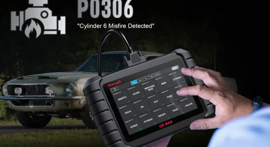 Diagnosing a P0306 code, "Cylinder 6 Misfire Detected," with an iCarsoft CR MAX scanner.