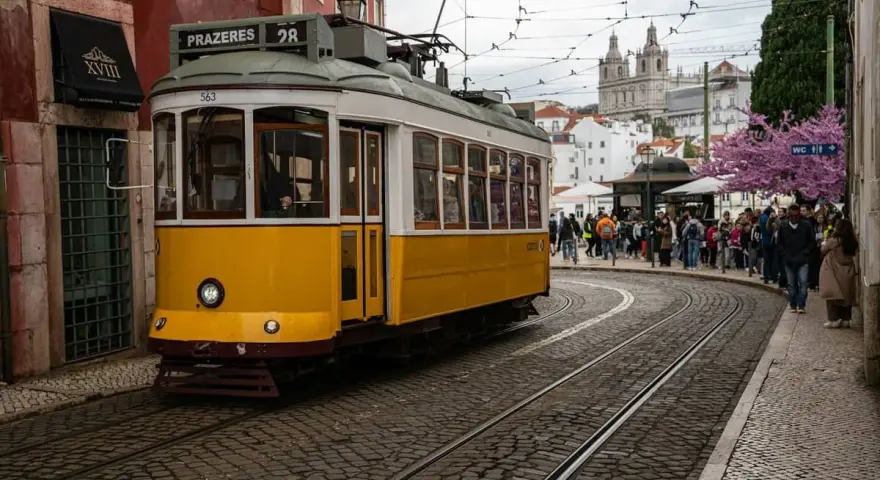 Żółty tramwaj 28 na brukowanej ulicy w Lizbonie, z ludźmi czekającymi na przystanku i kościołem w tle.