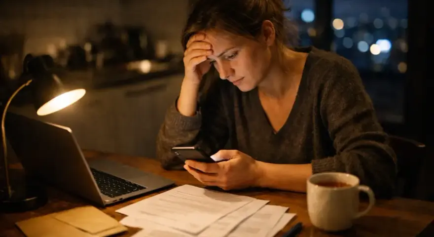 Zmartwiona kobieta sprawdza telefon przy biurku, szukając informacji, kiedy nie trzeba zgłaszać darowizny do urzędu skarbowego.