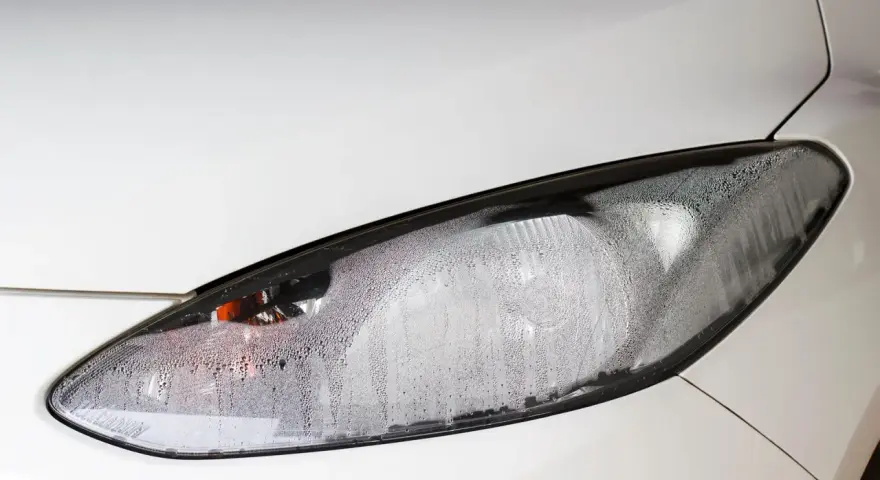 Kleine Wassertropfen bedecken das Glas des weißen Autoscheinwerfers. Feuchtigkeit im Scheinwerfer ist sichtbar.