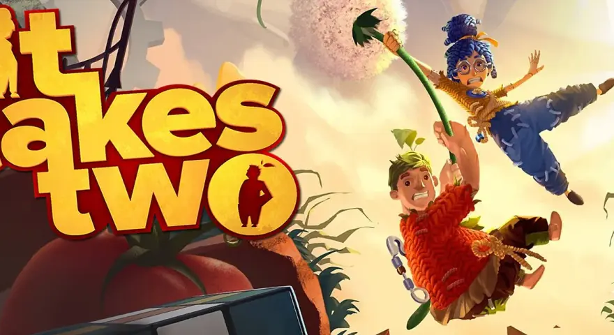 Dos personajes, un niño y una niña, se balancean en un diente de león. El título del juego, "It Takes Two", aparece en letras grandes.