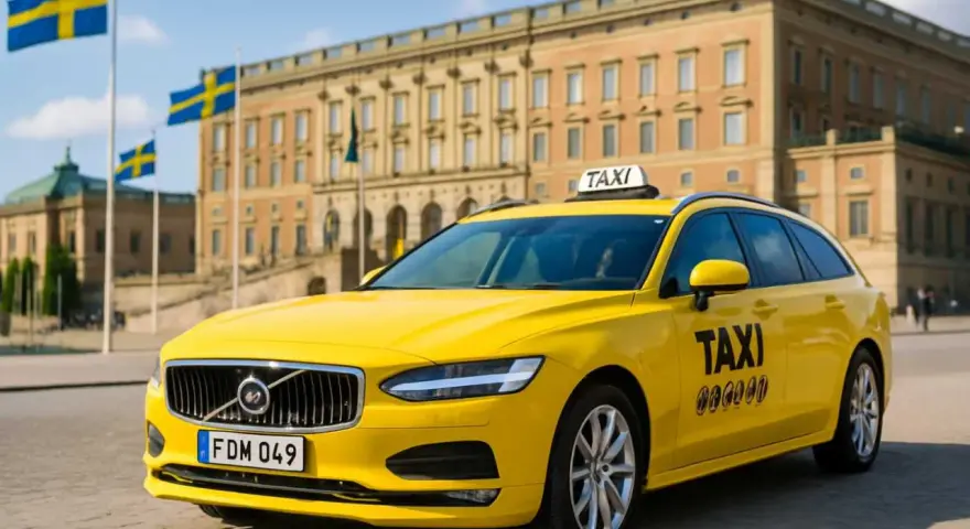 Gelbes Taxi in Schweden vor einem prächtigen Gebäude, mit schwedischen Flaggen im Hintergrund.