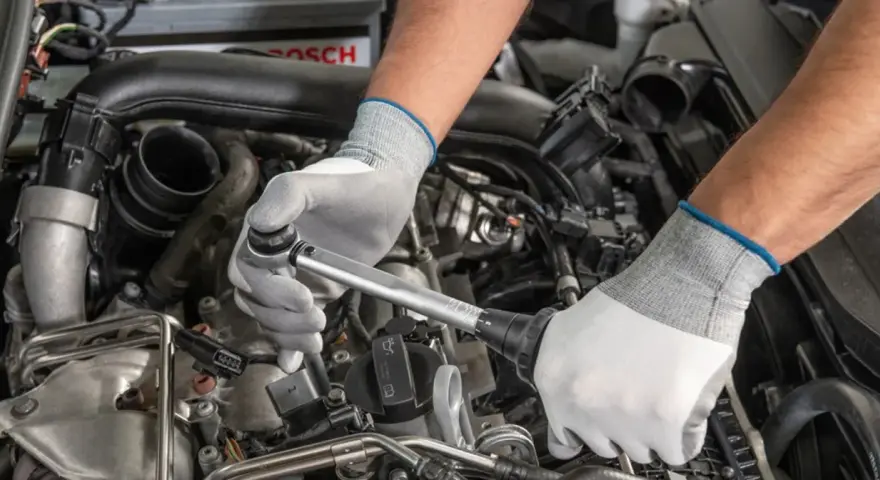 Mechanik w białych rękawiczkach dokonuje wymiany świec zapłonowych w silniku samochodu, używając klucza dynamometrycznego.