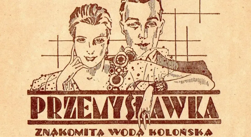 Elegancka para reklamuje wodę kolońską PRl "Przemysławka" od HEZA.