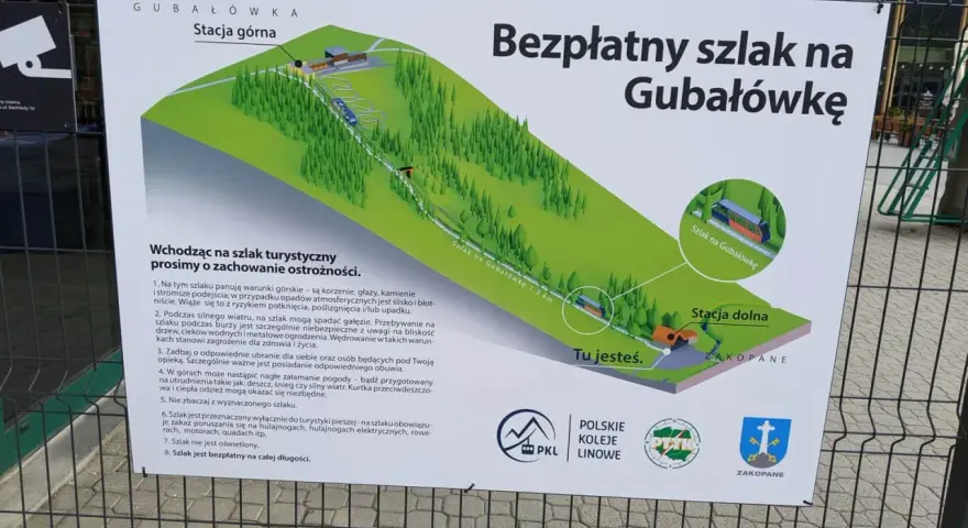 Ilustracja przedstawia mapę bezpłatnego szlaku na Gubałówkę, z zaznaczoną stacją górną i dolną, kolejką linową i trasą pieszą.