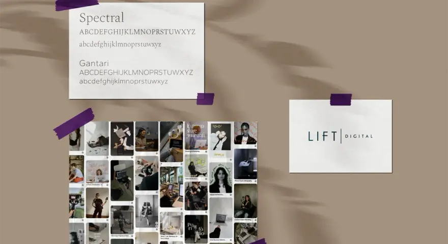 Jak stworzyć spójny moodboard stylowej imprezy: inspiracje, fonty Spectral i Gantari, logo LIFT DIGITAL, zdjęcia ludzi przy pracy i detale.