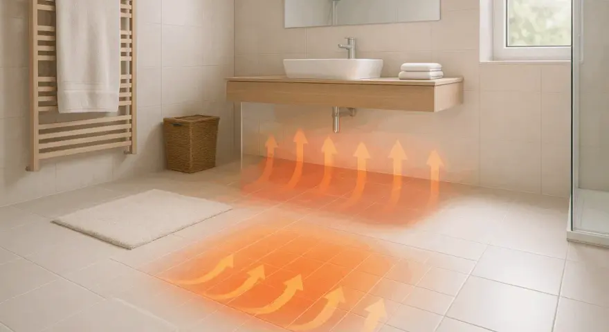 Chaleur douce émanant du sol carrelé, symbolisant l'efficacité d'un entretien plancher chauffant pour un confort optimal.