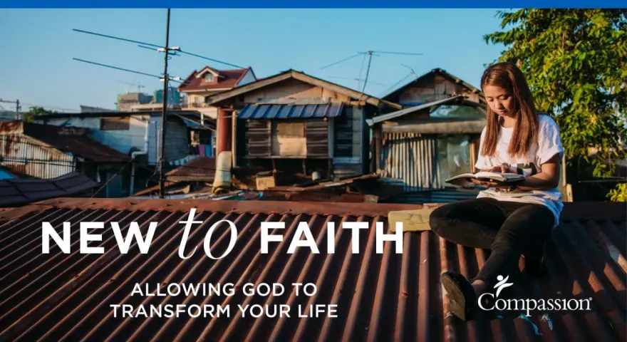 A young woman reads a Bible on a rooftop, embodying "New to Faith: Allowing God to Transform Your Life." This image reflects the biblical understanding of faith as a journey of transformation.