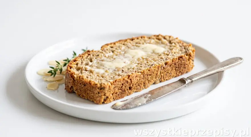 Keto chleb z mąki migdałowej i kokosowej, posmarowany masłem, na talerzu z płatkami migdałów i gałązką tymianku. Obok leży nóż.