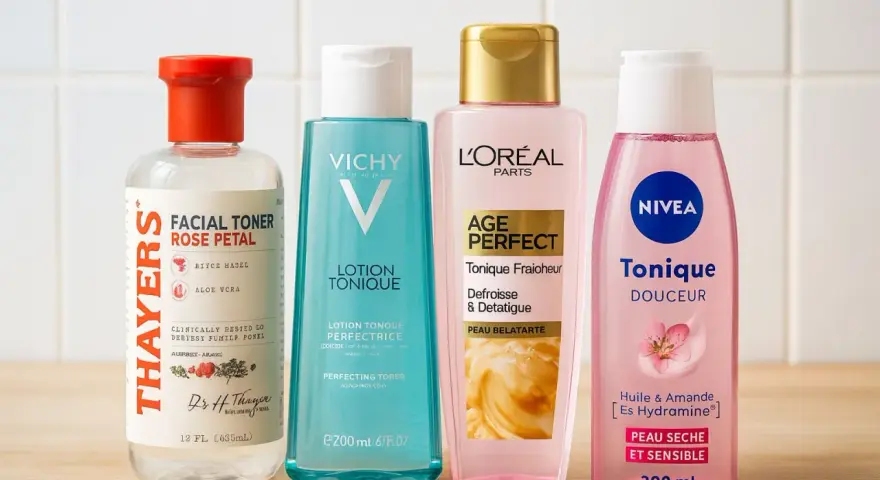 Quatre bouteilles de toniques pour le visage : Thayers, Vichy, L'Oréal et Nivea. Un tonique sert à rafraîchir et préparer la peau.