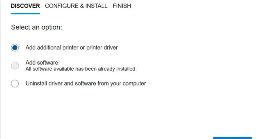 Instalator HP Driver and Software Installer. Wybierz opcję: Dodaj drukarkę lub sterownik drukarki, np. sterownik HP 1018.