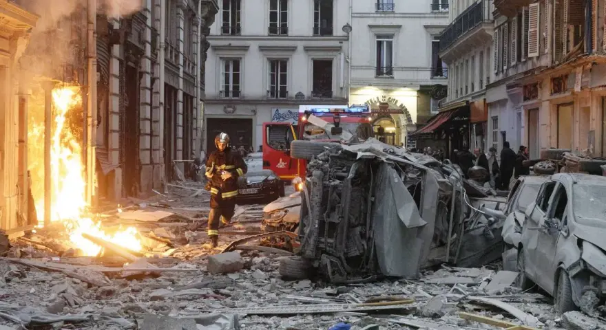 Un pompier avance dans les décombres d'une explosion gaz Paris. Des voitures détruites et des flammes ravagent la rue.