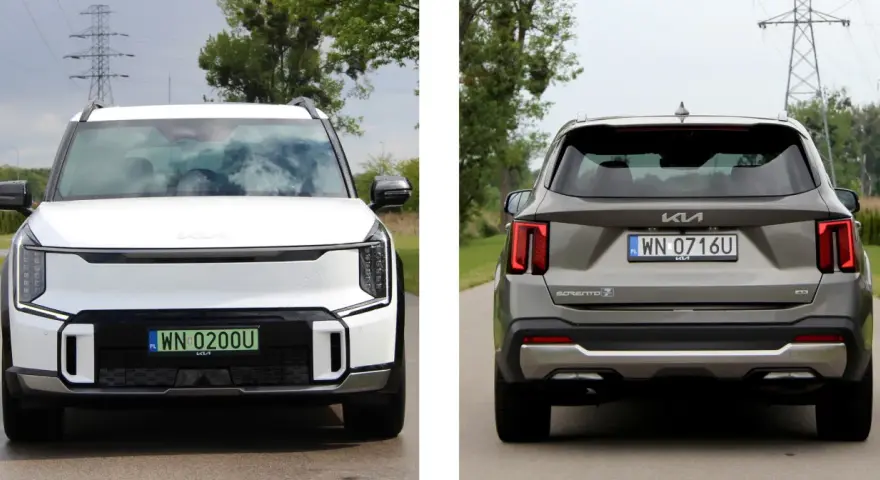 Biała Kia EV9 z przodu i szara Kia Sorento z tyłu, obie na drodze.