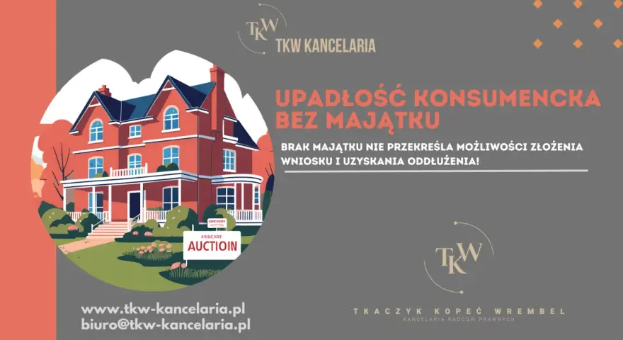 Ilustracja czerwonego domu z werandą i ogrodem, z tabliczką "AUCTION" na trawniku.