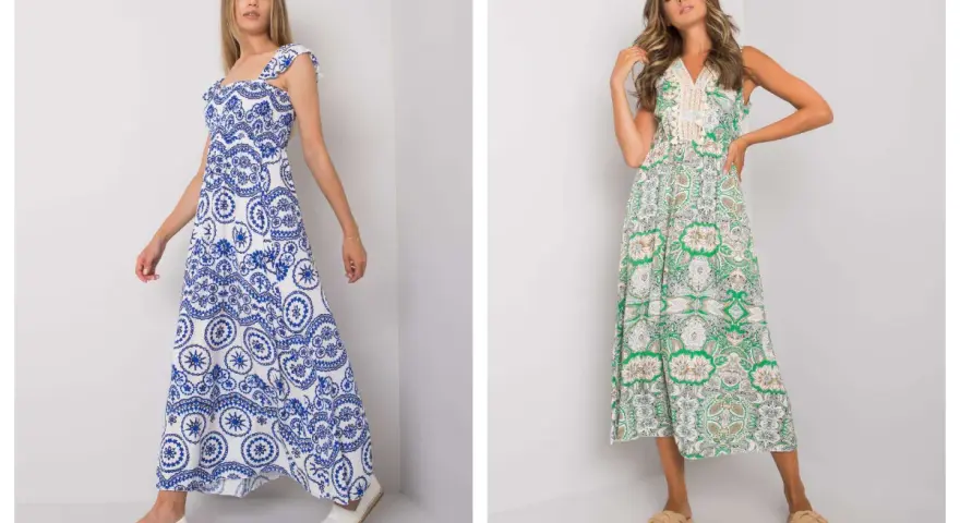 Dwie kobiety w letnich sukienkach. Jedna w sukience maxi z białym wzorem paisley na niebieskim tle, druga w zielonej sukience maxi z tym samym wzorem.