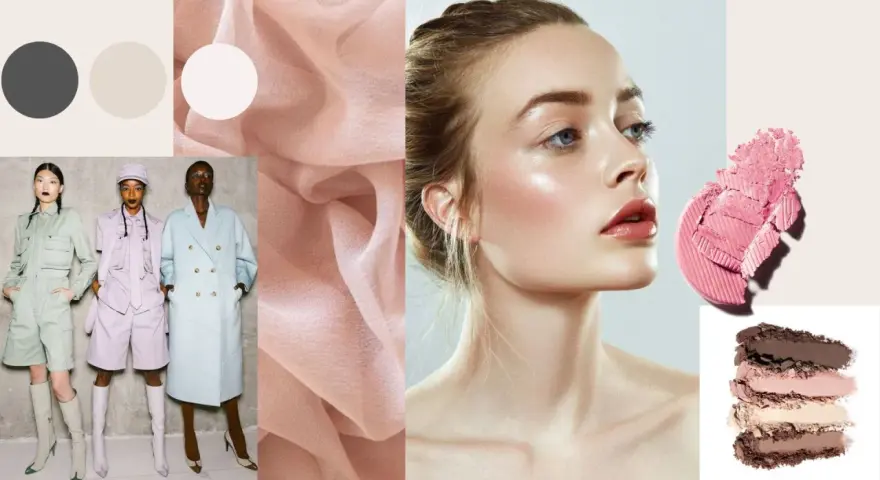 Moodboard con palette colori neutri e pastello, tessuti leggeri, modelle con outfit coordinati e focus su make-up luminoso per un look da giorno.